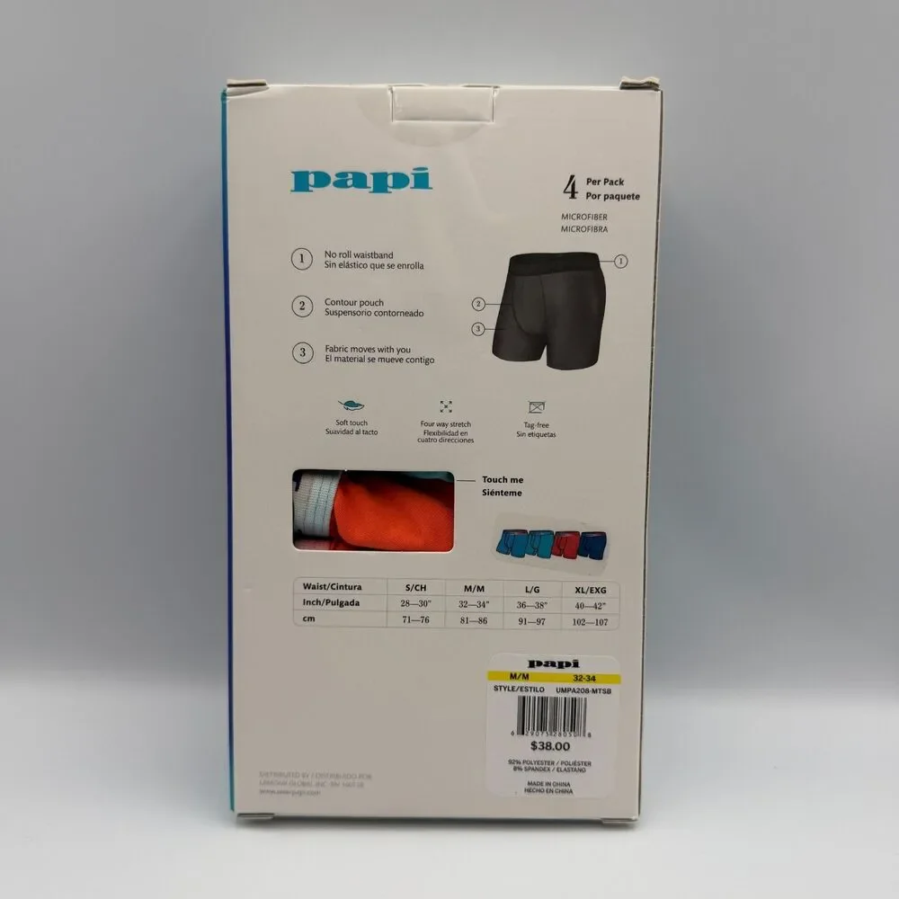 Papi Men’s Microfiber Boxer Briefs 4-Pack Contour Pouch Stretch M (32-34) NIB